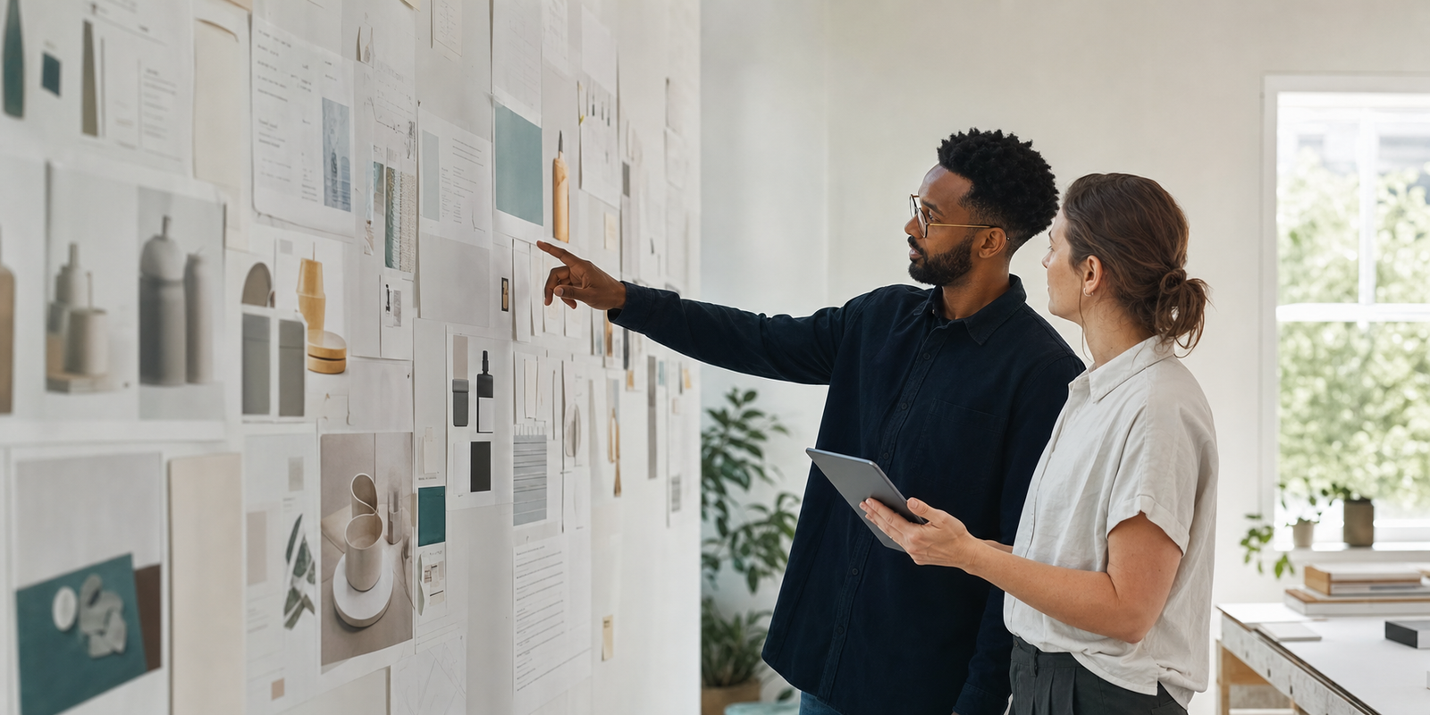 Illustrative research collaboration at an editorial planning wall.